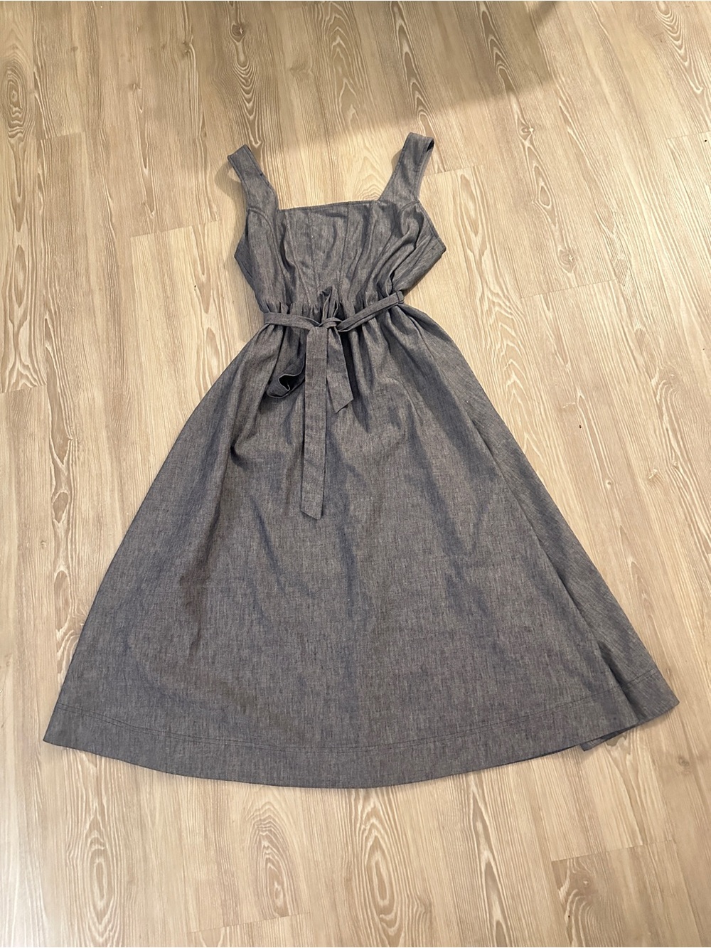 DKNY Chambray Square-Neck Tie-Waist Midi Dress